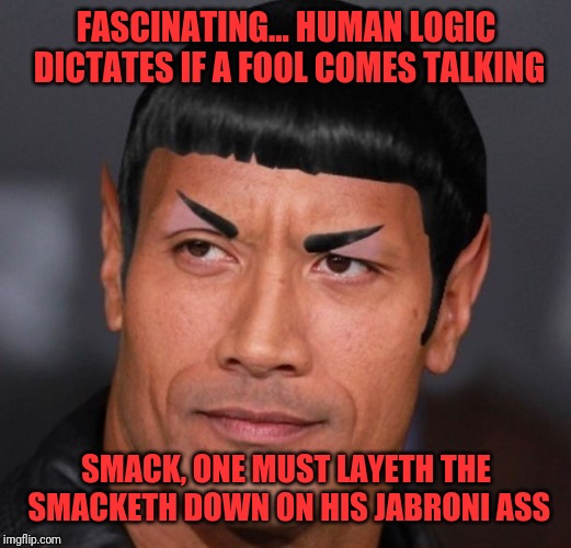 Sprock | FASCINATING... HUMAN LOGIC DICTATES IF A FOOL COMES TALKING; SMACK, ONE MUST LAYETH THE SMACKETH DOWN ON HIS JABRONI ASS | image tagged in memes,funny,dank,spock,the rock | made w/ Imgflip meme maker