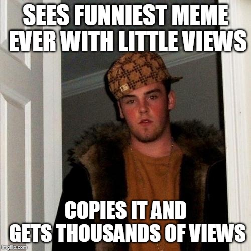 Scumbag Steve | SEES FUNNIEST MEME EVER WITH LITTLE VIEWS; COPIES IT AND GETS THOUSANDS OF VIEWS | image tagged in memes,scumbag steve | made w/ Imgflip meme maker