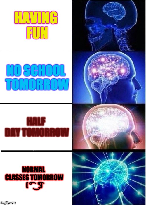 Expanding Brain | HAVING FUN; NO SCHOOL TOMORROW; HALF DAY TOMORROW; NORMAL CLASSES TOMORROW ( ͡° ͜ʖ ͡°) | image tagged in memes,expanding brain | made w/ Imgflip meme maker