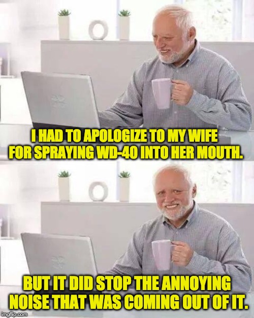 Hide the Pain Harold | I HAD TO APOLOGIZE TO MY WIFE FOR SPRAYING WD-40 INTO HER MOUTH. BUT IT DID STOP THE ANNOYING NOISE THAT WAS COMING OUT OF IT. | image tagged in memes,hide the pain harold | made w/ Imgflip meme maker