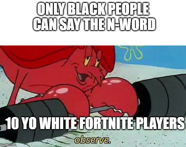 Observe | ONLY BLACK PEOPLE CAN SAY THE N-WORD; 10 YO WHITE FORTNITE PLAYERS | image tagged in observe | made w/ Imgflip meme maker