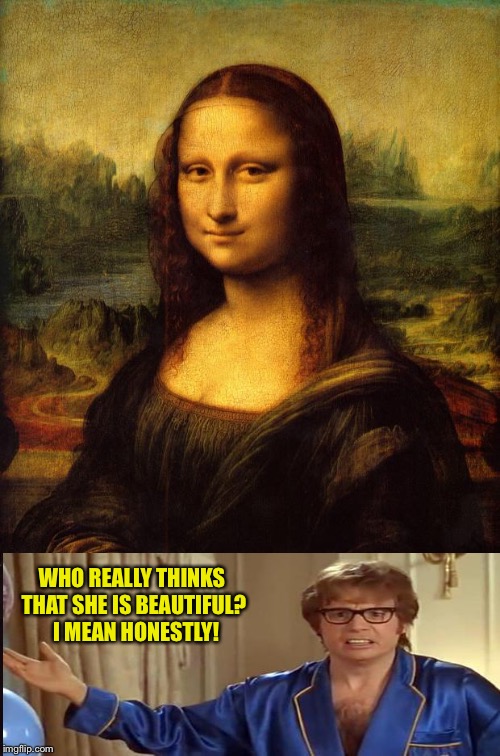 The Mona Lisa | WHO REALLY THINKS THAT SHE IS BEAUTIFUL? 
I MEAN HONESTLY! | image tagged in the mona lisa | made w/ Imgflip meme maker