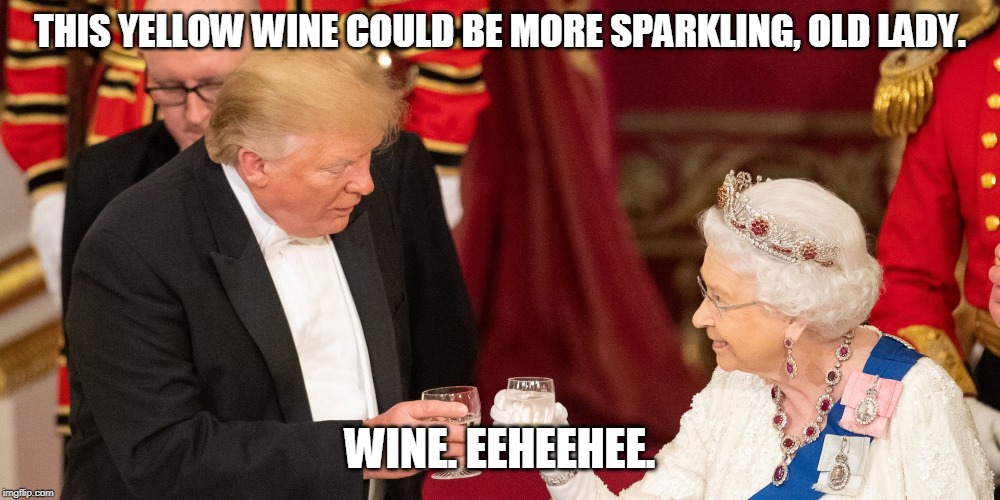 Wine | THIS YELLOW WINE COULD BE MORE SPARKLING, OLD LADY. WINE. EEHEEHEE. | image tagged in donald trump,queen elizabeth,great britain,drinking | made w/ Imgflip meme maker