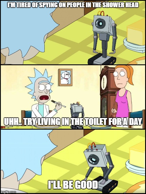 shower spy | I'M TIRED OF SPYING ON PEOPLE IN THE SHOWER HEAD; UHH.. TRY LIVING IN THE TOILET FOR A DAY; I'LL BE GOOD | image tagged in rick and morty butter,spy,shower,toliet | made w/ Imgflip meme maker