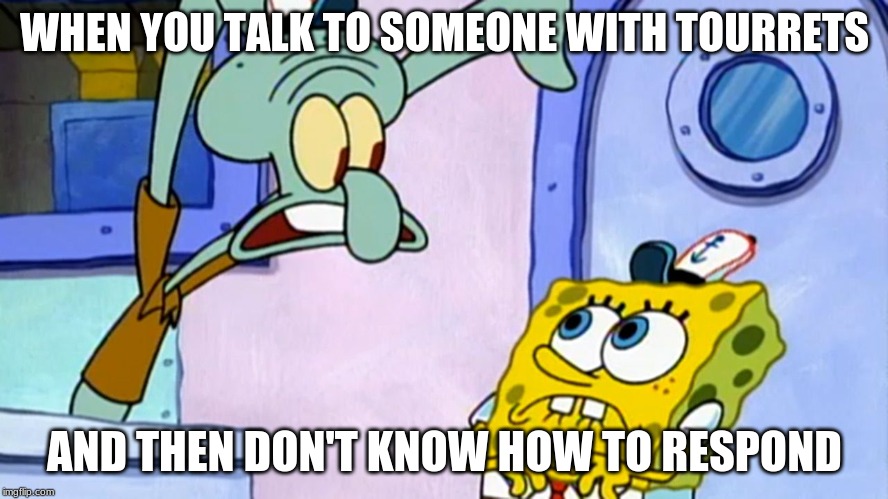 squidward tourrets meme | WHEN YOU TALK TO SOMEONE WITH TOURRETS; AND THEN DON'T KNOW HOW TO RESPOND | image tagged in funny | made w/ Imgflip meme maker