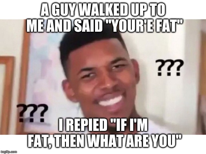 Questions in life | A GUY WALKED UP TO ME AND SAID "YOUR'E FAT"; I REPIED "IF I'M FAT, THEN WHAT ARE YOU" | image tagged in funny,question | made w/ Imgflip meme maker