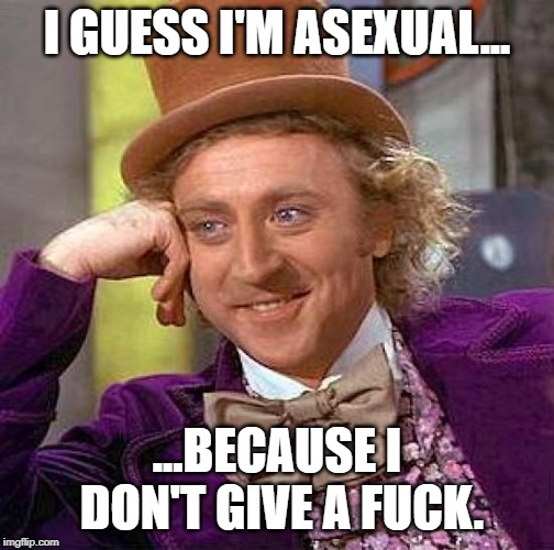 Creepy Condescending Wonka Meme | I GUESS I'M ASEXUAL... ...BECAUSE I DON'T GIVE A F**K. | image tagged in memes,creepy condescending wonka | made w/ Imgflip meme maker