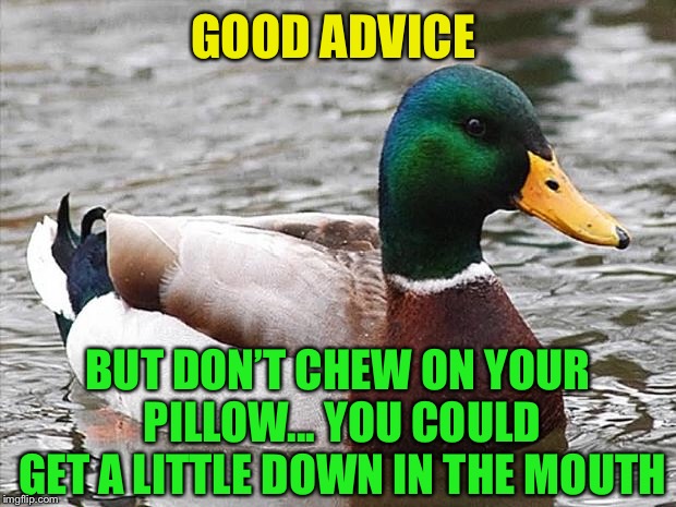 Good Advise Duck | GOOD ADVICE BUT DON’T CHEW ON YOUR PILLOW... YOU COULD GET A LITTLE DOWN IN THE MOUTH | image tagged in good advise duck | made w/ Imgflip meme maker