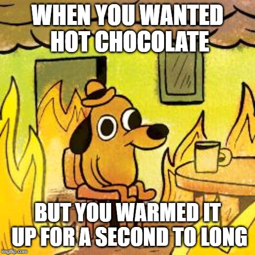 Dog in burning house | WHEN YOU WANTED HOT CHOCOLATE; BUT YOU WARMED IT UP FOR A SECOND TO LONG | image tagged in dog in burning house | made w/ Imgflip meme maker