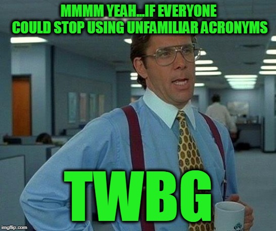 Improving Communication | MMMM YEAH...IF EVERYONE COULD STOP USING UNFAMILIAR ACRONYMS; TWBG | image tagged in memes,that would be great | made w/ Imgflip meme maker