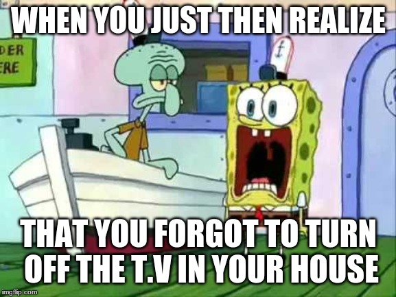 forgetting to turn off the tv | WHEN YOU JUST THEN REALIZE; THAT YOU FORGOT TO TURN OFF THE T.V IN YOUR HOUSE | image tagged in funny | made w/ Imgflip meme maker
