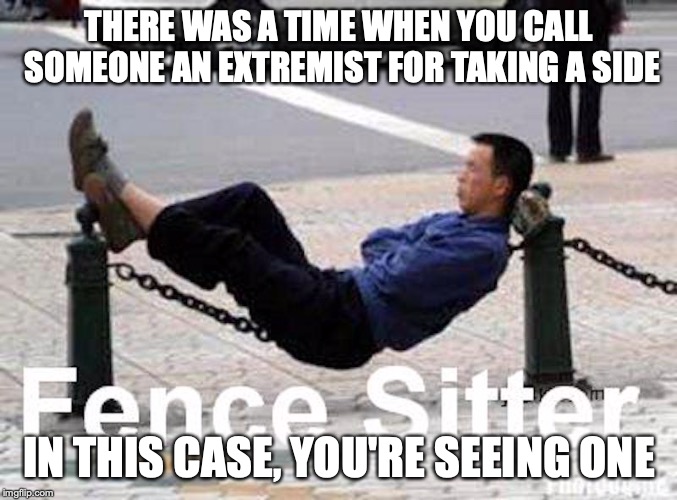 Fence Sitter | THERE WAS A TIME WHEN YOU CALL SOMEONE AN EXTREMIST FOR TAKING A SIDE; IN THIS CASE, YOU'RE SEEING ONE | image tagged in fence,centrist,politics,memes | made w/ Imgflip meme maker