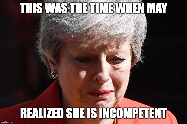 May Crying |  THIS WAS THE TIME WHEN MAY; REALIZED SHE IS INCOMPETENT | image tagged in theresa may,resignation,memes,politics | made w/ Imgflip meme maker