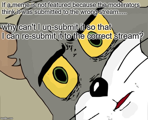 or at least change streams for me instead of making me Re-make my meme..... | If a meme is not featured because the moderators think it was submitted to the wrong stream..... why can't I un-submit it so that I can re-submit it to the correct stream? | image tagged in memes,unsettled tom,streams,moderators | made w/ Imgflip meme maker