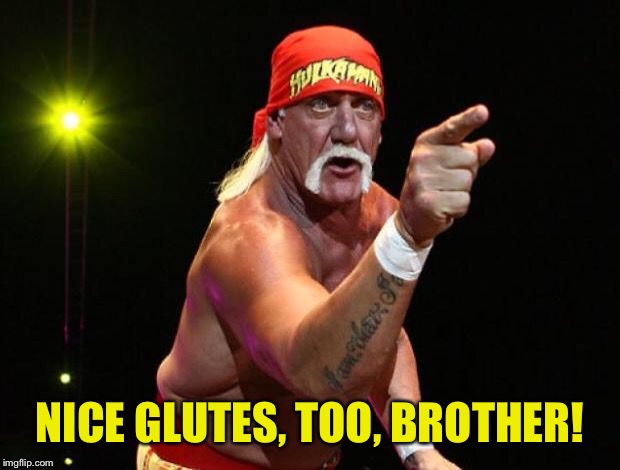 Hulk Hogan | NICE GLUTES, TOO, BROTHER! | image tagged in hulk hogan | made w/ Imgflip meme maker