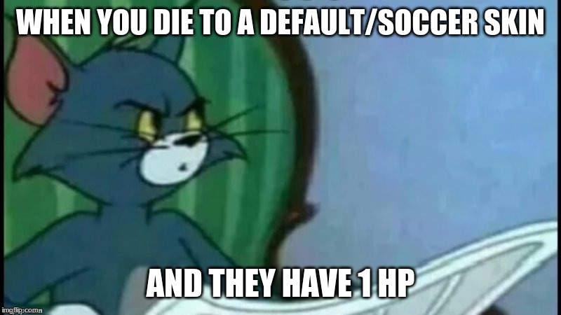 Tom cat looking confused | WHEN YOU DIE TO A DEFAULT/SOCCER SKIN; AND THEY HAVE 1 HP | image tagged in tom cat looking confused | made w/ Imgflip meme maker
