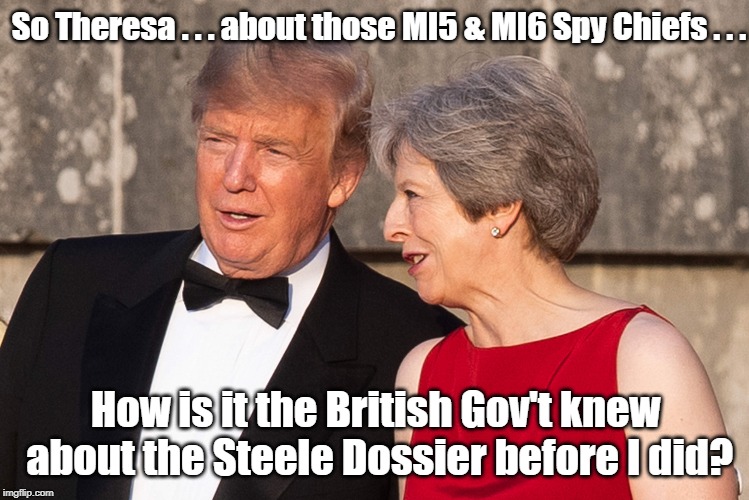 Devin Nunes wanted Trump to question May | So Theresa . . . about those MI5 & MI6 Spy Chiefs . . . How is it the British Gov't knew about the Steele Dossier before I did? | image tagged in donald trump,theresa may,christopher steele,dossier | made w/ Imgflip meme maker