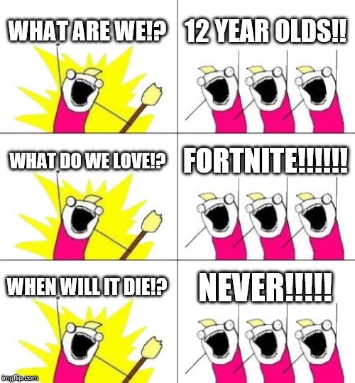 What Do We Want 3 | WHAT ARE WE!? 12 YEAR OLDS!! WHAT DO WE LOVE!? FORTNITE!!!!!! WHEN WILL IT DIE!? NEVER!!!!! | image tagged in memes,what do we want 3 | made w/ Imgflip meme maker