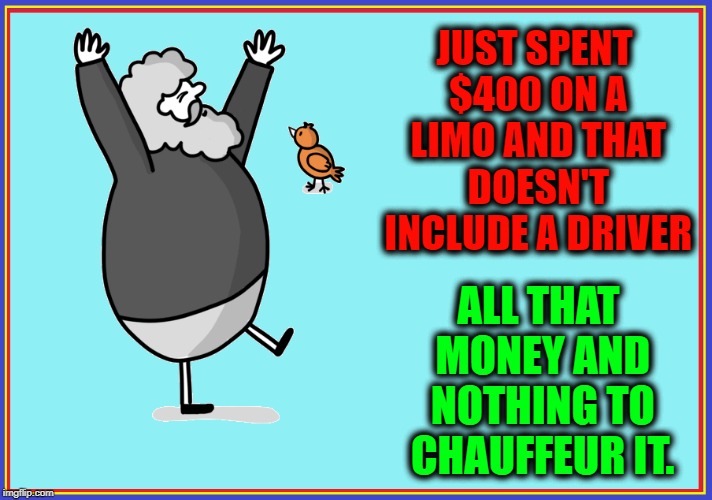 Why did Santa need a Limo, anyway? | JUST SPENT $400 ON A LIMO AND THAT DOESN'T INCLUDE A DRIVER; ALL THAT MONEY AND NOTHING TO CHAUFFEUR IT. | image tagged in vince vance,limousine,limo,chauffeur,bad puns,man ranting to bird | made w/ Imgflip meme maker