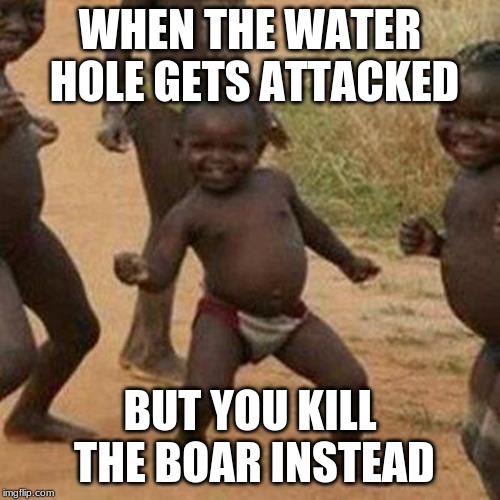 Third World Success Kid Meme | WHEN THE WATER HOLE GETS ATTACKED; BUT YOU KILL THE BOAR INSTEAD | image tagged in memes,third world success kid | made w/ Imgflip meme maker