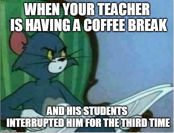 Teacher Interrupting (with tom the cat, from Tom and Jerry) | WHEN YOUR TEACHER IS HAVING A COFFEE BREAK; AND HIS STUDENTS INTERRUPTED HIM FOR THE THIRD TIME | image tagged in interrupting tom's read,teacher interrupting | made w/ Imgflip meme maker
