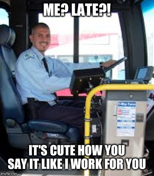BUS DRIVER | ME? LATE?! IT'S CUTE HOW YOU SAY IT LIKE I WORK FOR YOU. | image tagged in bus driver | made w/ Imgflip meme maker