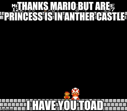 Thank You Mario | THANKS MARIO BUT ARE PRINCESS IS IN ANTHER CASTLE; I HAVE YOU TOAD | image tagged in thank you mario | made w/ Imgflip meme maker