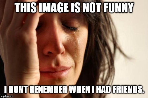 First World Problems Meme | THIS IMAGE IS NOT FUNNY I DONT RENEMBER WHEN I HAD FRIENDS. | image tagged in memes,first world problems | made w/ Imgflip meme maker