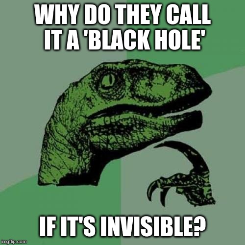 Philosoraptor Meme | WHY DO THEY CALL IT A 'BLACK HOLE'; IF IT'S INVISIBLE? | image tagged in memes,philosoraptor | made w/ Imgflip meme maker