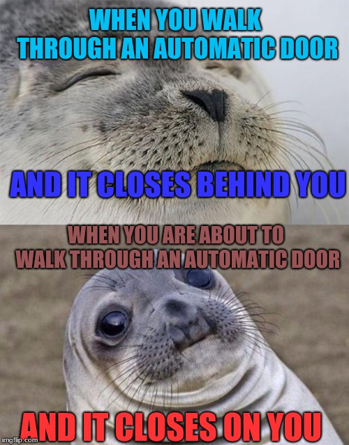 Short Satisfaction VS Truth Meme | WHEN YOU WALK THROUGH AN AUTOMATIC DOOR; AND IT CLOSES BEHIND YOU; WHEN YOU ARE ABOUT TO WALK THROUGH AN AUTOMATIC DOOR; AND IT CLOSES ON YOU | image tagged in memes,short satisfaction vs truth | made w/ Imgflip meme maker