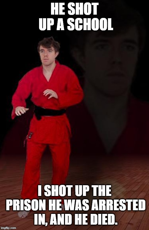 Karate Steve | HE SHOT UP A SCHOOL; I SHOT UP THE PRISON HE WAS ARRESTED IN, AND HE DIED. | image tagged in karate steve | made w/ Imgflip meme maker