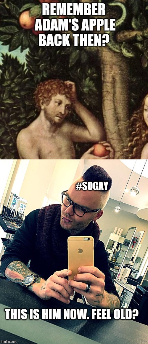 REMEMBER ADAM'S APPLE BACK THEN? #SOGAY; THIS IS HIM NOW. FEEL OLD? | image tagged in adam apple | made w/ Imgflip meme maker