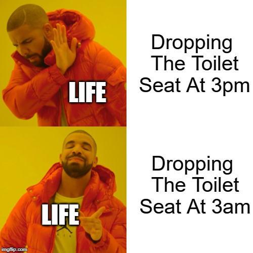 Drake Hotline Bling Meme | Dropping The Toilet Seat At 3pm; LIFE; Dropping The Toilet Seat At 3am; LIFE | image tagged in memes,drake hotline bling | made w/ Imgflip meme maker