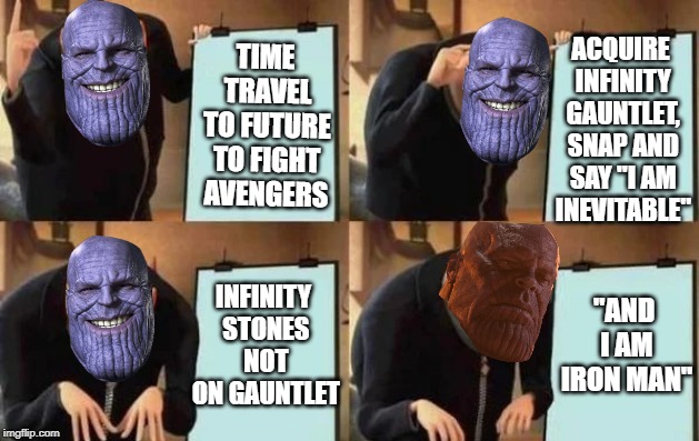 Thanos Endgame Plan | ACQUIRE INFINITY GAUNTLET, SNAP AND SAY "I AM INEVITABLE"; TIME TRAVEL TO FUTURE TO FIGHT AVENGERS; "AND I AM IRON MAN"; INFINITY STONES NOT ON GAUNTLET | image tagged in gru's plan,avengers endgame,endgame,thanos,memes,thanos smile | made w/ Imgflip meme maker
