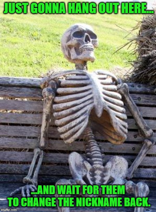 Waiting Skeleton Meme | JUST GONNA HANG OUT HERE... ...AND WAIT FOR THEM TO CHANGE THE NICKNAME BACK. | image tagged in memes,waiting skeleton | made w/ Imgflip meme maker