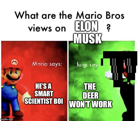 Mario Bros Views | ELON MUSK; HE’S A SMART SCIENTIST BOI; THE DEER WON’T WORK | image tagged in mario bros views,repost,no thanks,elon musk,cars,space | made w/ Imgflip meme maker