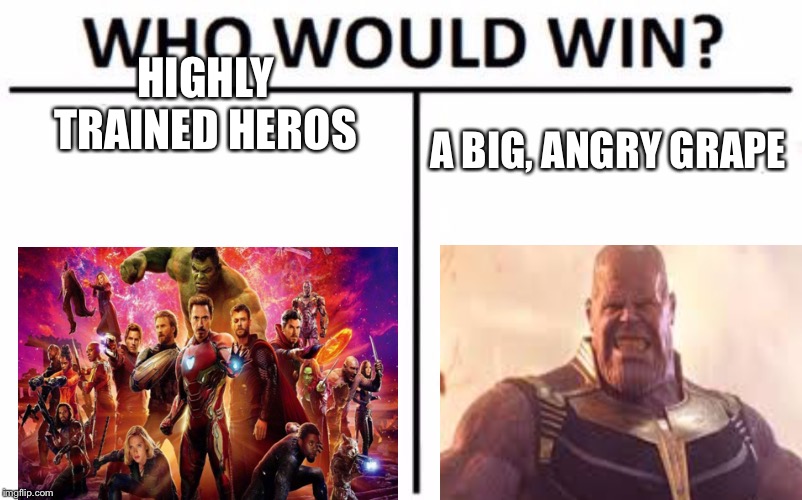 Who Would Win? Meme | HIGHLY TRAINED HEROS; A BIG, ANGRY GRAPE | image tagged in memes,who would win | made w/ Imgflip meme maker