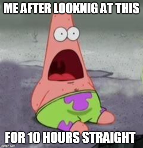 ME AFTER LOOKNIG AT THIS FOR 10 HOURS STRAIGHT | image tagged in suprised patrick | made w/ Imgflip meme maker