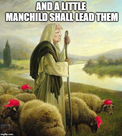 Trump's Sheep | AND A LITTLE MANCHILD SHALL LEAD THEM | image tagged in trump's sheep | made w/ Imgflip meme maker