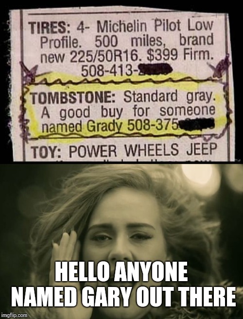 HELLO ANYONE NAMED GARY OUT THERE | image tagged in adele hello | made w/ Imgflip meme maker