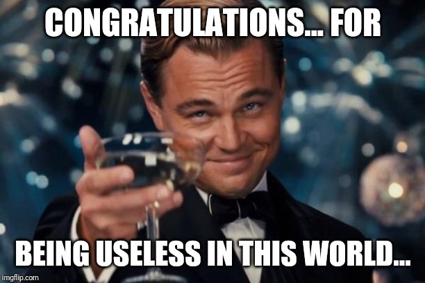 Leonardo Dicaprio Cheers | CONGRATULATIONS... FOR; BEING USELESS IN THIS WORLD... | image tagged in memes,leonardo dicaprio cheers | made w/ Imgflip meme maker