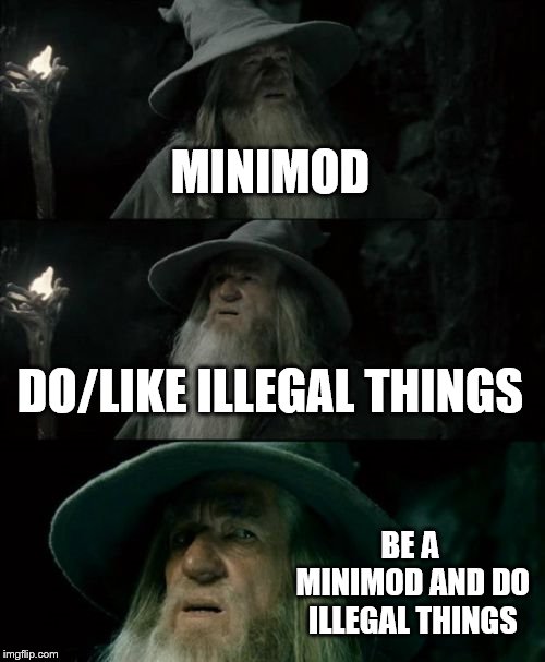 Confused Gandalf Meme | MINIMOD; DO/LIKE ILLEGAL THINGS; BE A MINIMOD AND DO ILLEGAL THINGS | image tagged in memes,confused gandalf | made w/ Imgflip meme maker