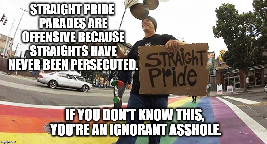 Take Your Straight Pride And Shove It. | STRAIGHT PRIDE PARADES ARE OFFENSIVE BECAUSE STRAIGHTS HAVE NEVER BEEN PERSECUTED. IF YOU DON'T KNOW THIS, YOU'RE AN IGNORANT ASSHOLE. | image tagged in gay,straight,lgbt,lgbtq,pride,parade | made w/ Imgflip meme maker