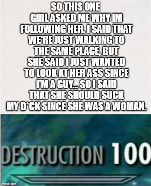 SO THIS ONE GIRL ASKED ME WHY IM FOLLOWING HER. I SAID THAT WE'RE JUST WALKING TO THE SAME PLACE, BUT SHE SAID I JUST WANTED TO LOOK AT HER ASS SINCE I'M A GUY... SO I SAID THAT SHE SHOULD SUCK MY D*CK SINCE SHE WAS A WOMAN. | image tagged in destruction 100 | made w/ Imgflip meme maker