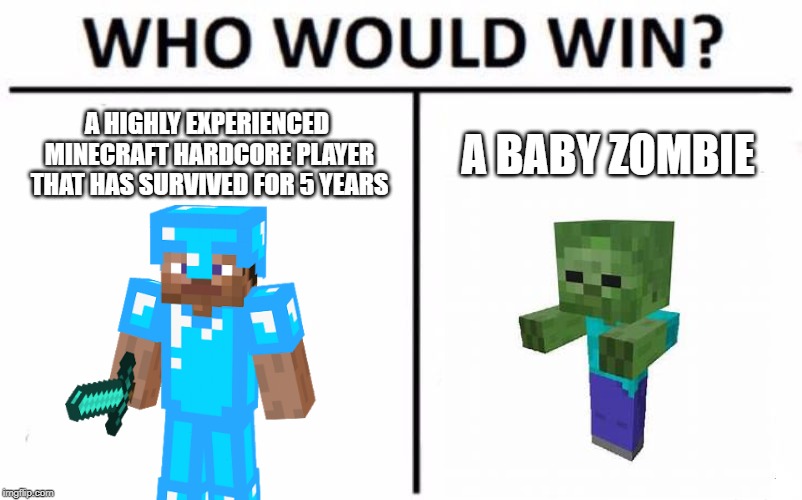 Who Would Win? | A HIGHLY EXPERIENCED MINECRAFT HARDCORE PLAYER THAT HAS SURVIVED FOR 5 YEARS; A BABY ZOMBIE | image tagged in memes,who would win | made w/ Imgflip meme maker