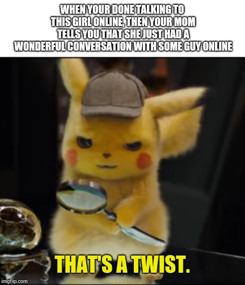 That's a Twist | WHEN YOUR DONE TALKING TO THIS GIRL ONLINE, THEN YOUR MOM TELLS YOU THAT SHE JUST HAD A WONDERFUL CONVERSATION WITH SOME GUY ONLINE | image tagged in that's a twist | made w/ Imgflip meme maker