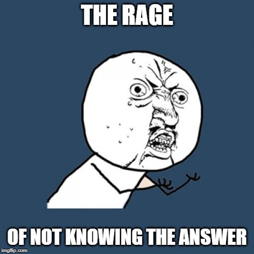 Y U No | THE RAGE; OF NOT KNOWING THE ANSWER | image tagged in memes,y u no | made w/ Imgflip meme maker