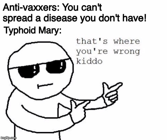 HIV controllers: Am I a joke to you? | Anti-vaxxers: You can't spread a disease you don't have! Typhoid Mary: | image tagged in that's where you're wrong kiddo,vaccines,dark humor,history,antivax,disease | made w/ Imgflip meme maker