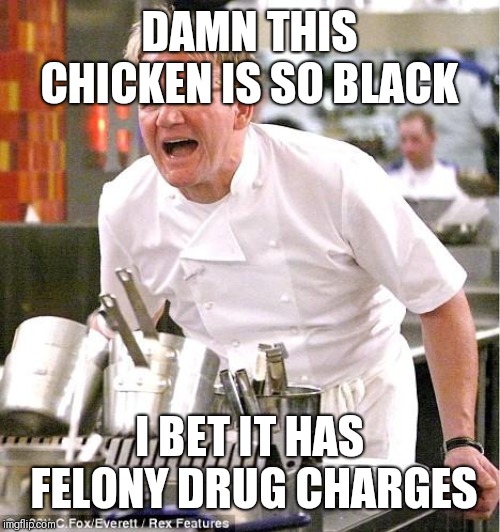 Chef Gordon Ramsay | DAMN THIS CHICKEN IS SO BLACK; I BET IT HAS FELONY DRUG CHARGES | image tagged in memes,chef gordon ramsay | made w/ Imgflip meme maker