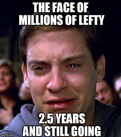 crying peter parker | THE FACE OF MILLIONS OF LEFTY; 2.5 YEARS AND STILL GOING | image tagged in crying peter parker | made w/ Imgflip meme maker